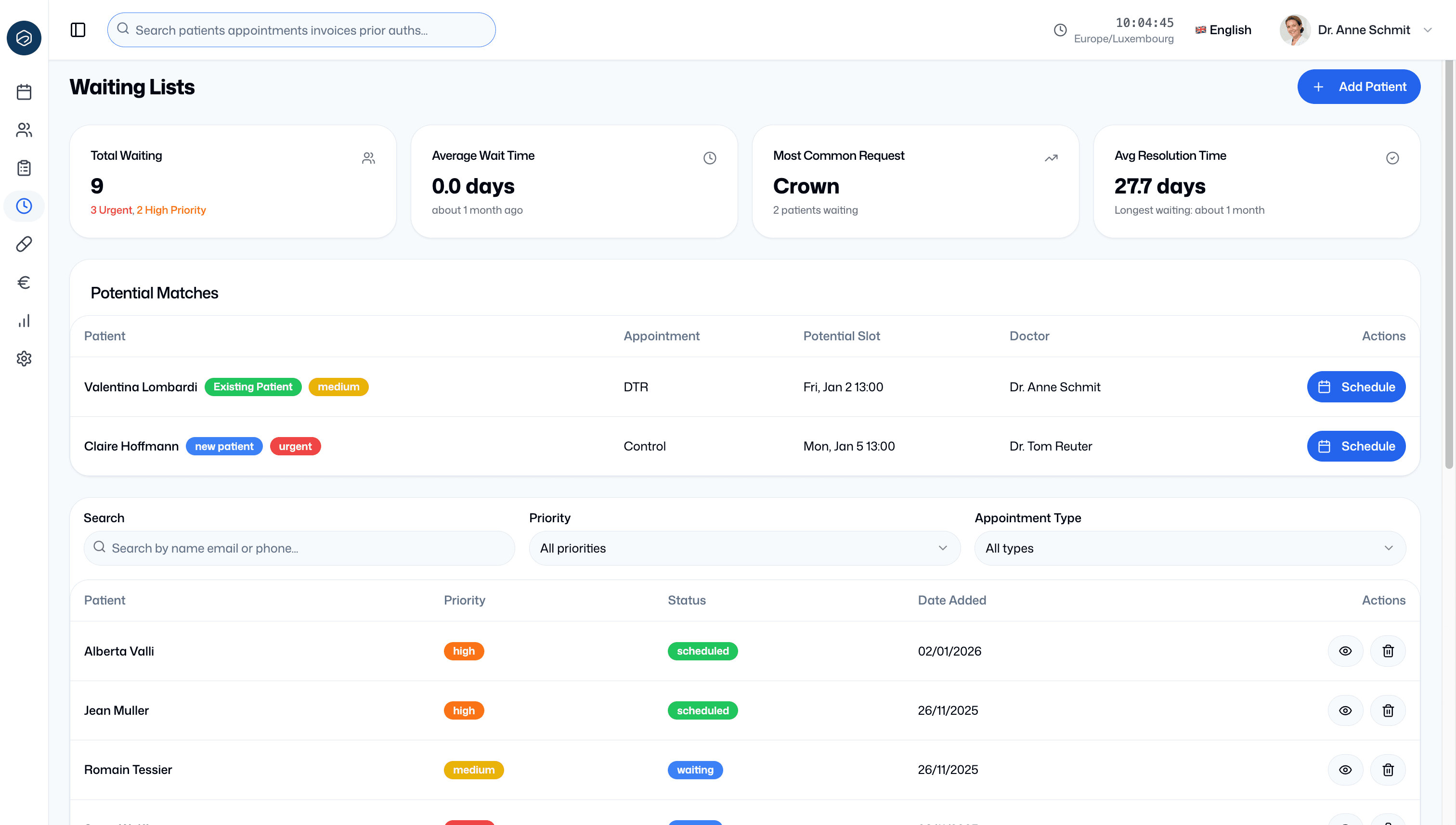 Waiting List & Scheduling screenshot