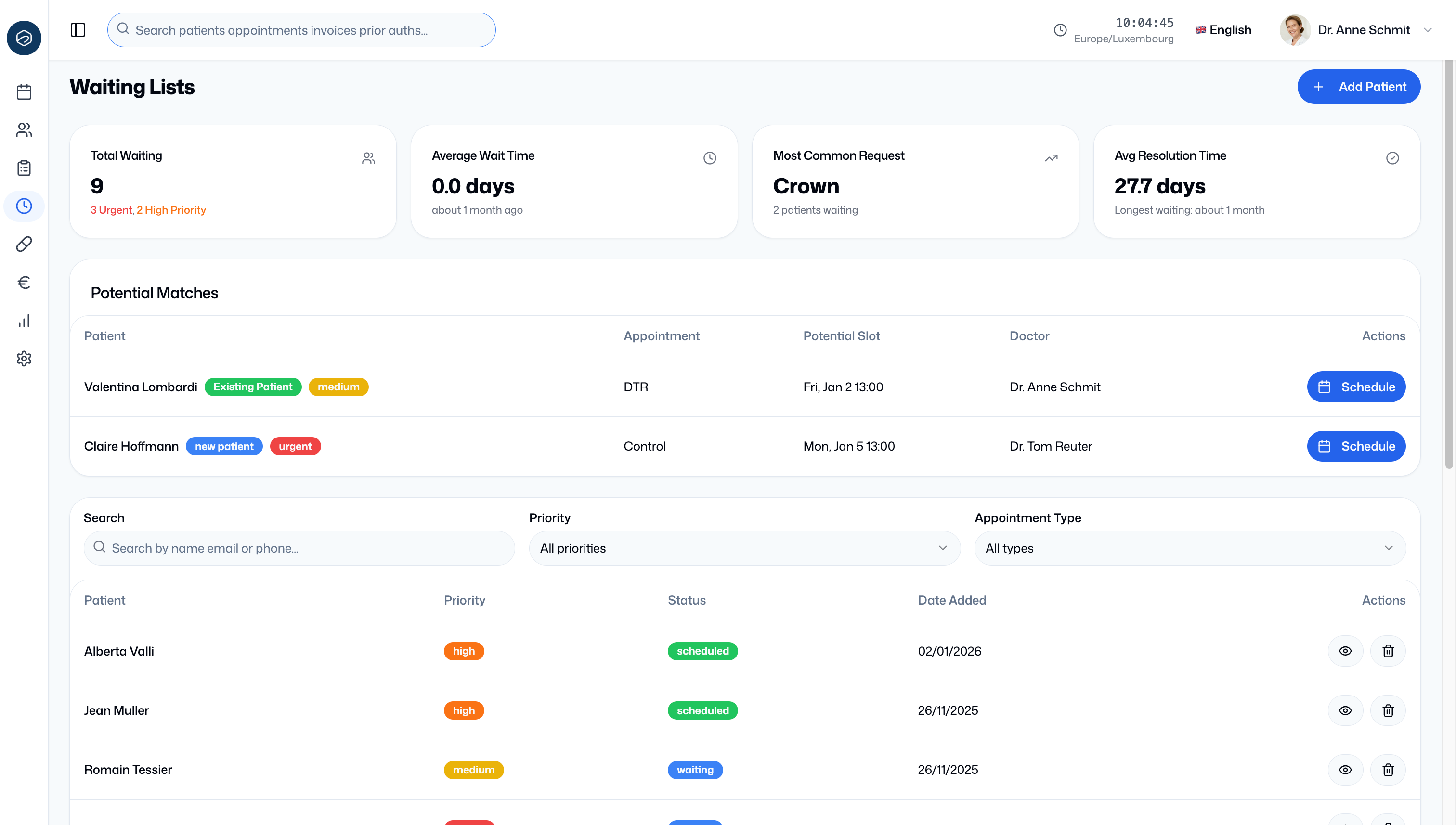 Waiting List & Scheduling screenshot